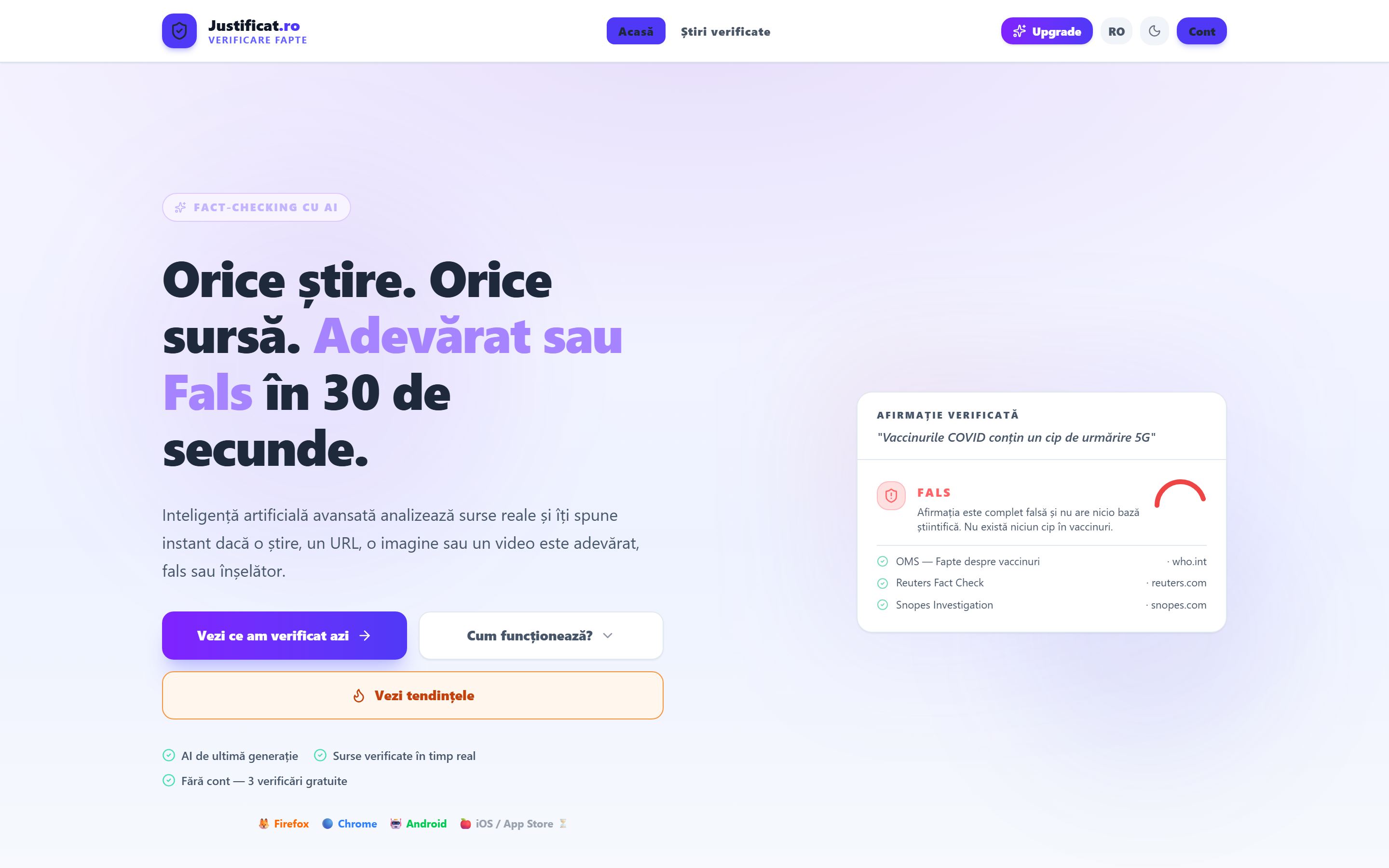 Justificat.ro — verificare de știri cu AI, cu surse citate